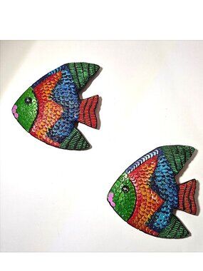 Vintage Handcrafted Sequin & Bead Tropical Colourful Fish Wall Decor - Set of 2